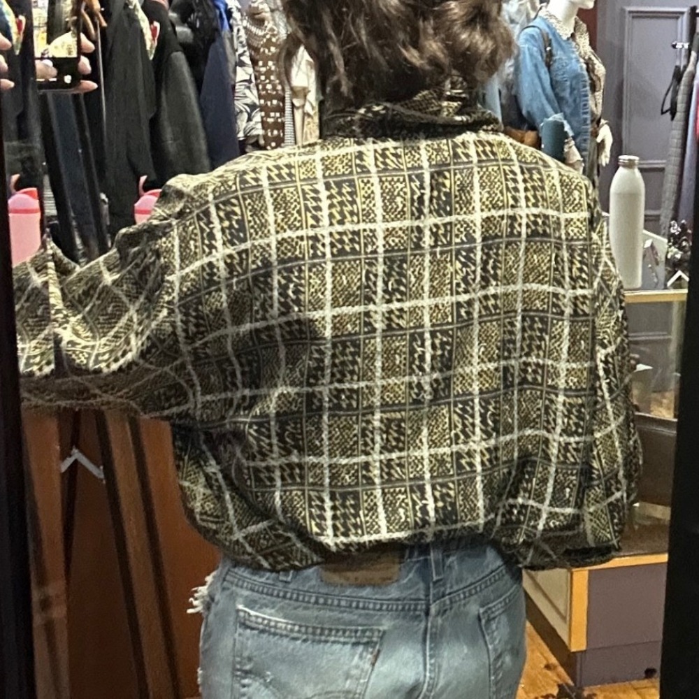 Out Brook Womens 100% Silk Zip Up Bomber Jacket Gold Black Funnel Neck Vintage L - Picture 2 of 7